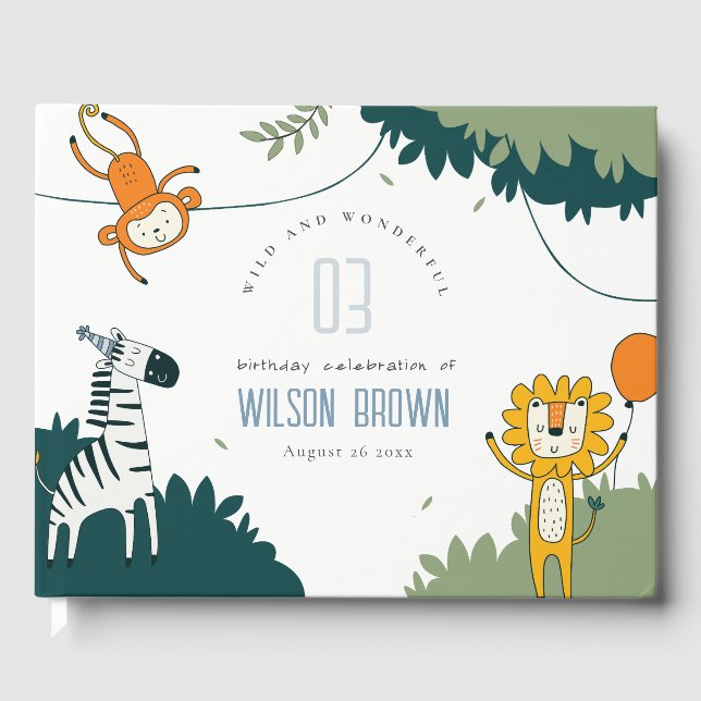 Cute Wild Jungle Animals Kids Any Age Birthday Guest Book (Front)