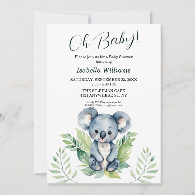 Cute Wild Koala Gender Neutral Baby Shower Invitation (Front)