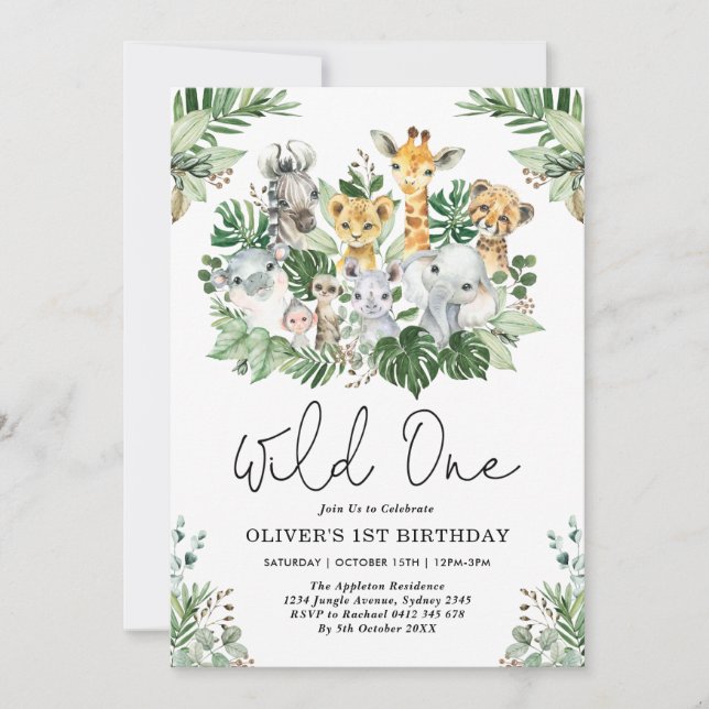 Cute Wild One 1st Birthday Jungle Safari Animals Invitation (Front)