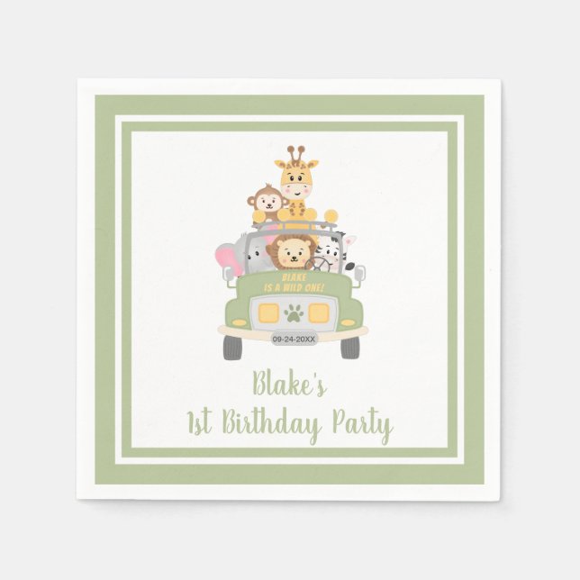 Cute Wild One Animal Safari 1st Birthday Party Napkin (Front)