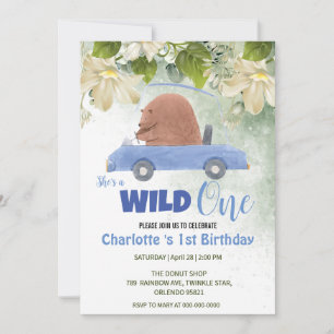 Cute Wild One Bear Animals Car 1st Birthday party Invitation