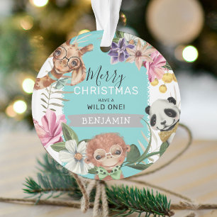 Cute Wild One Blue Jungle Kids Christmas Ornament
