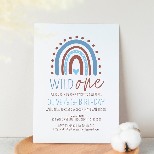 Cute Wild ONE Boho Rainbow Blue Boy Birthday 1st I Invitation (Creator Uploaded)