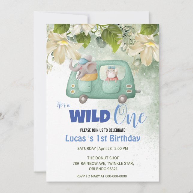 Cute Wild One Elephant Car 1st Birthday party Invitation (Front)
