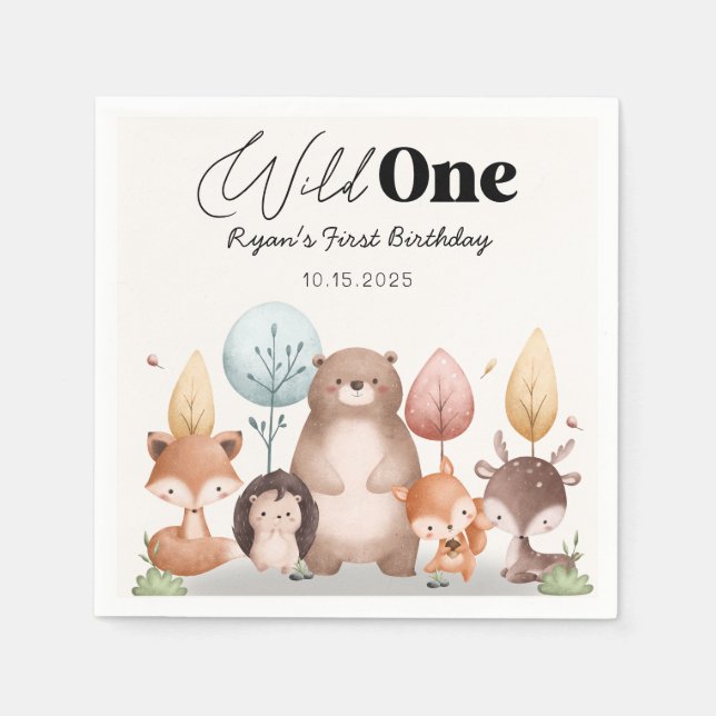 Cute Wild One Forest Woodland Animals Birthday  Napkin (Front)