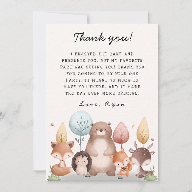 Cute Wild One Forest Woodland Animals Birthday  Thank You Card (Front)