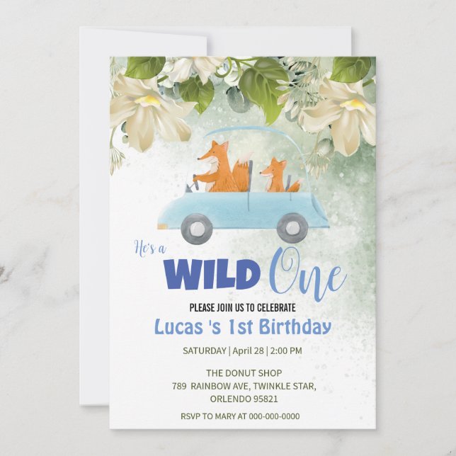 Cute Wild One Fox Animals Car 1st Birthday party Invitation (Front)