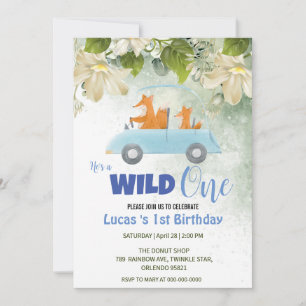 Cute Wild One Fox Animals Car 1st Birthday party Invitation