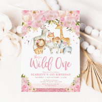 Cute Wild One Girl Safari Animals 1st Birthday