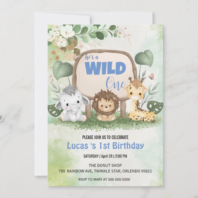 Cute Wild One jungle Animal 1st Birthday party Invitation (Front)