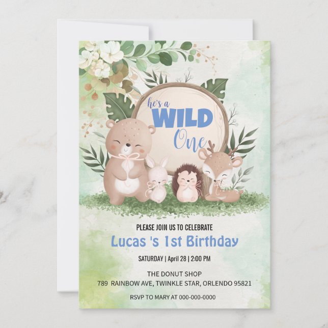 Cute Wild One jungle Animal 1st Birthday party Invitation (Front)