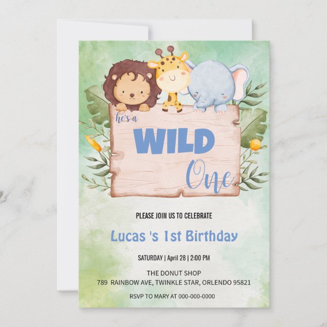 Cute Wild One jungle Animal 1st Birthday party Invitation (Front)