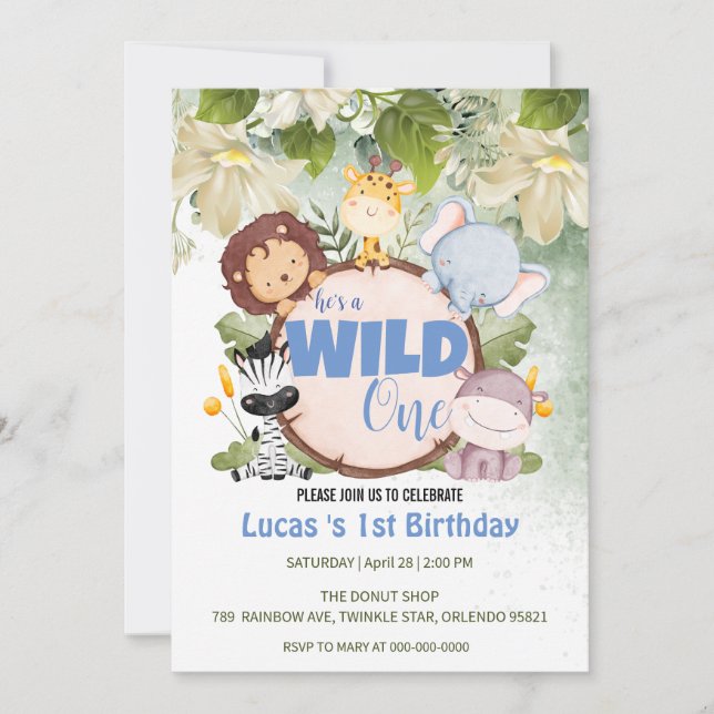 Cute Wild One jungle Animal 1st Birthday party Invitation (Front)