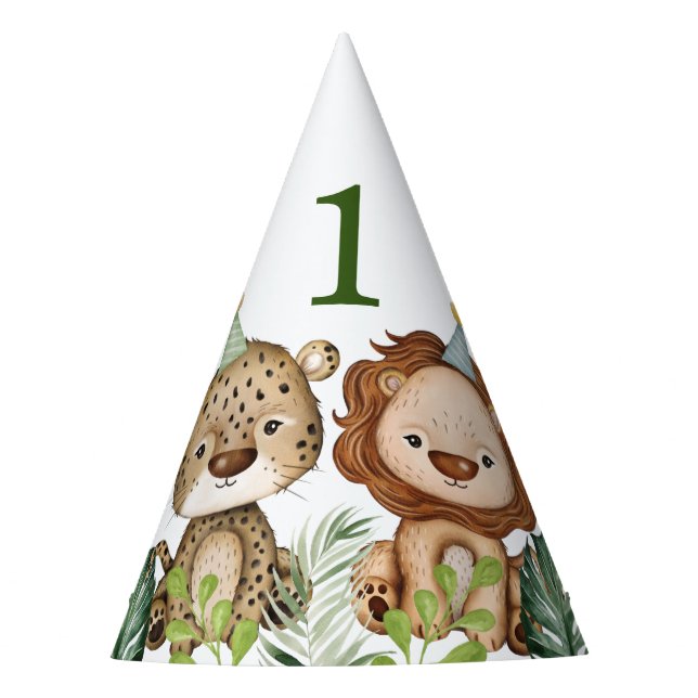 Cute Wild One Jungle Animals Tropical 1st Birthday Party Hat (Front)