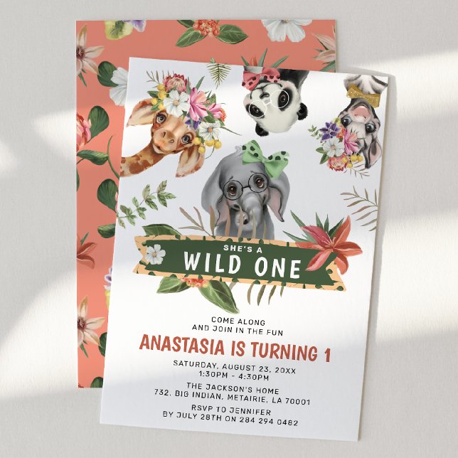 Cute Wild One Jungle Girls 1st Birthday Party Invitation (Creator Uploaded)