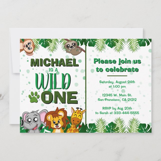 Cute Wild One Jungle Safari Animals First Birthday Invitation (Front)