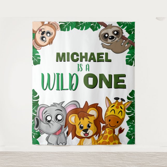 Cute Wild One Jungle Safari Animals First Birthday Tapestry (Front)