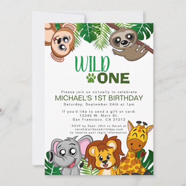 Cute Wild One Jungle Safari Virtual First Birthday Invitation (Front)