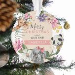 Cute Wild One Pink Jungle Kids Christmas  Ornament<br><div class="desc">Cute Wild One kids christmas ornament,  featuring the most adorable watercolor jungle animals,  tropical exotic flowers and foliage with the sweet saying 'Merry Christmas' have a WILD ONE! and the child's name.</div>