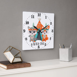 Cute wild one racoon fox room decor square wall clock