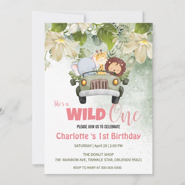Cute Wild One Safari Animal car 1st Birthday flora Invitation (Front)