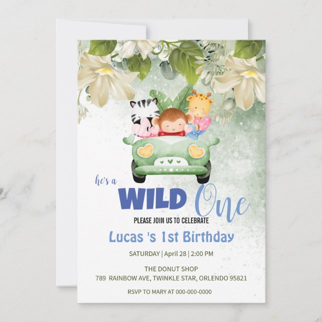 Cute Wild One Safari Animal love Car 1st Birthday  Invitation (Front)