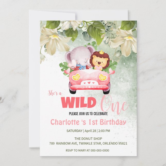 Cute Wild One Safari Animal love Car 1st Birthday  Invitation (Front)
