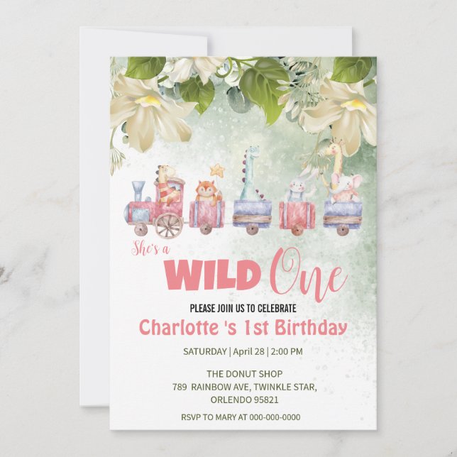 Cute Wild One safari animal train 1st Birthday Invitation (Front)