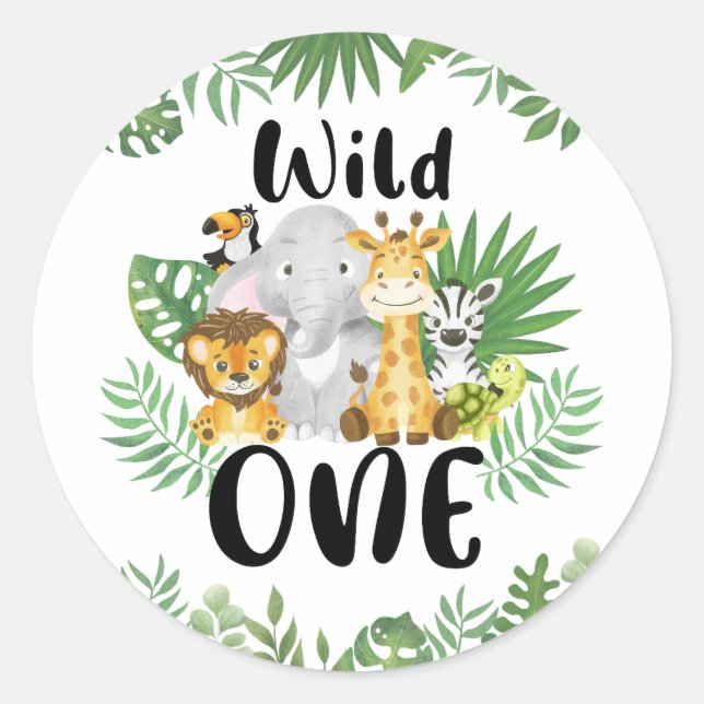 Cute Wild One Safari Animals 1st Birthday Classic Round Sticker (Front)