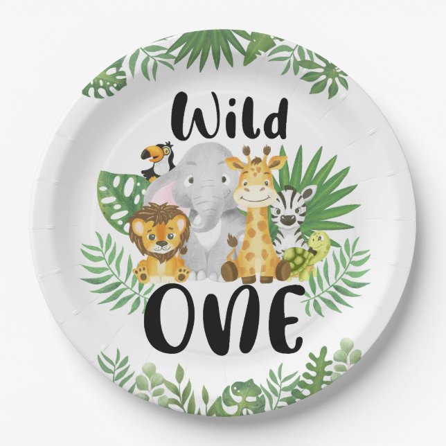 Cute Wild One Safari Animals 1st Birthday Paper Plate (Front)