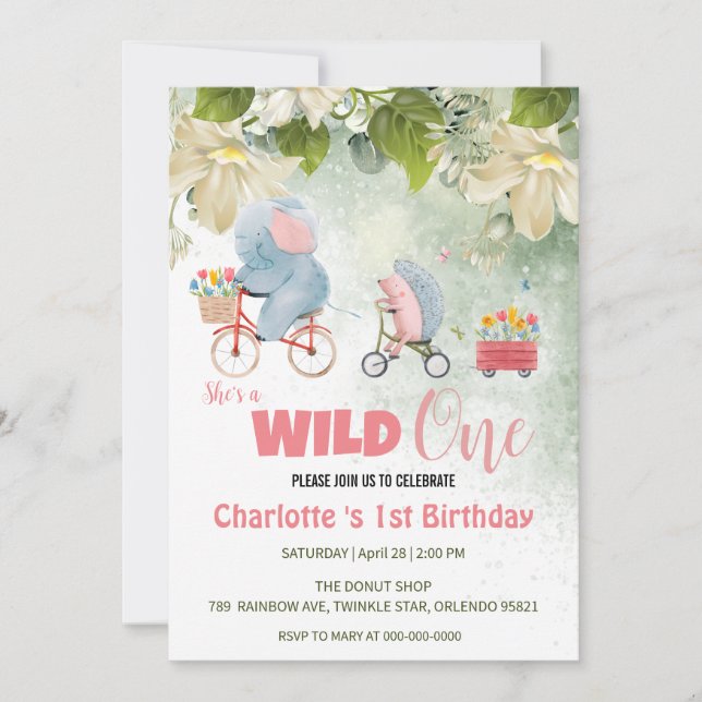 Cute Wild One Safari Animals bike 1st Birthday flo Invitation (Front)