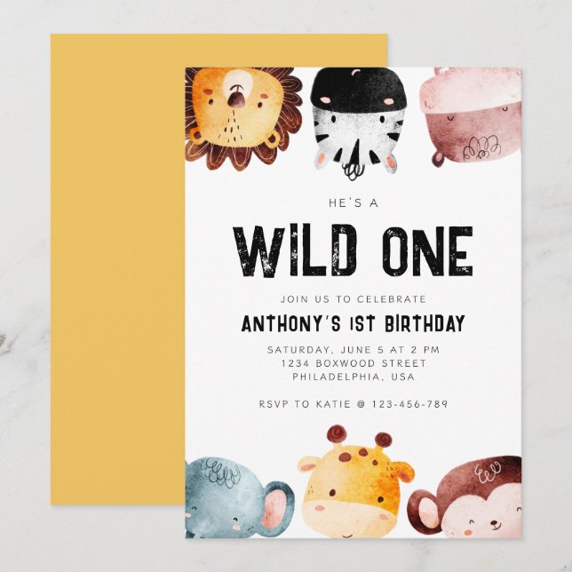 Cute Wild One Safari Animals Boy First Birthday Invitation (Front/Back)
