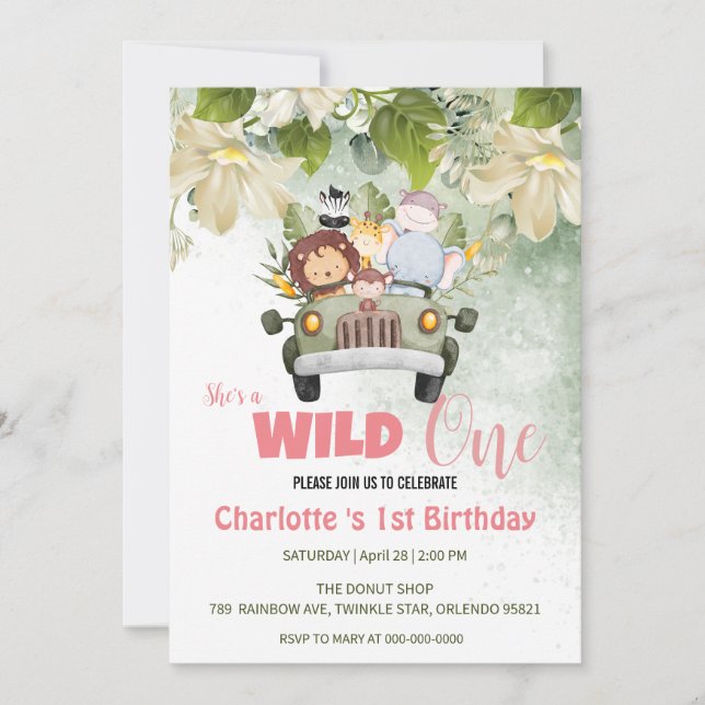 Cute Wild One Safari Animals Car 1st Birthday flor Invitation (Front)