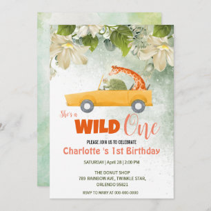 Cute Wild One Safari Animals Car 1st Birthday Invitation