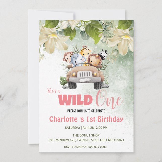 Cute Wild One safari baby animal 1st Birthday  Invitation (Front)