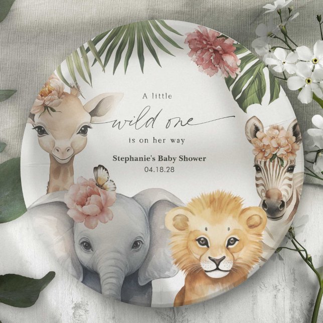 Cute Wild One Safari Baby Animals Girl Shower Paper Plate (A little Wild One is on her way, Safari animal baby girl shower party paper plates.)