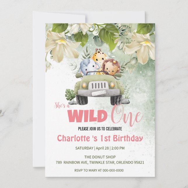 Cute Wild One safari baby cub 1st Birthday floral  Invitation (Front)