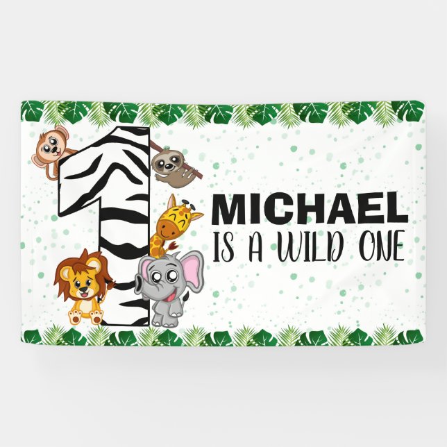 Cute Wild One Safari Jungle Animals 1st Birthday Banner (Horizontal)