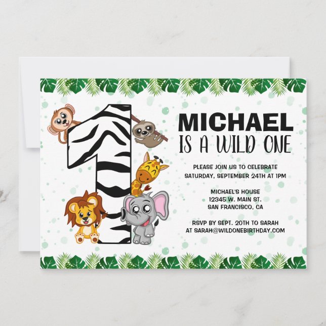 Cute Wild One Safari Jungle Animals 1st Birthday Invitation (Front)
