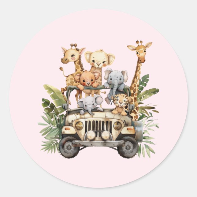 Cute Wild One Safari Jungle Animals Blush Pink Classic Round Sticker (Front)