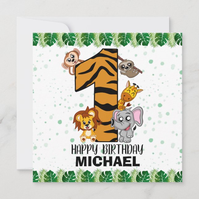 Cute Wild One Safari Jungle Animals First Birthday (Front)