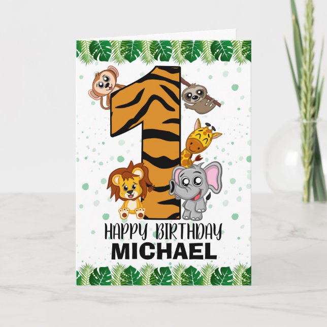 Cute Wild One Safari Jungle Animals First Birthday Card (Front)