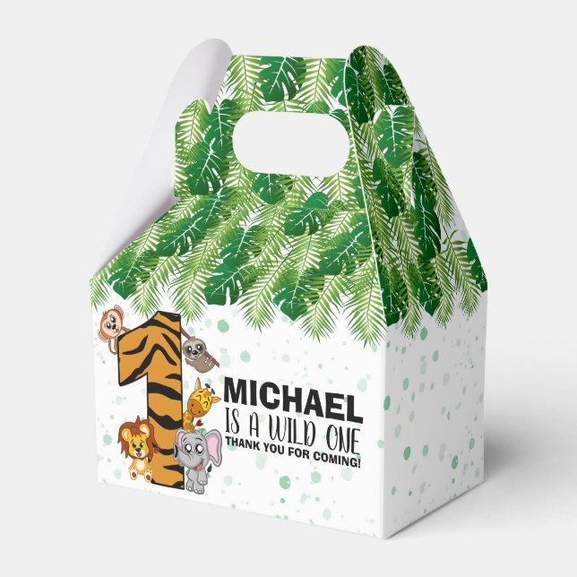 Cute Wild One Safari Jungle Animals First Birthday Favour Box (Front Side)