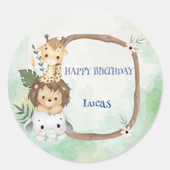 Cute Wild One Safari jungle zoo Birthday party Classic Round Sticker (Front)