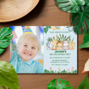 Cute Wild One Tropical Jungle Safari Animals Invitation