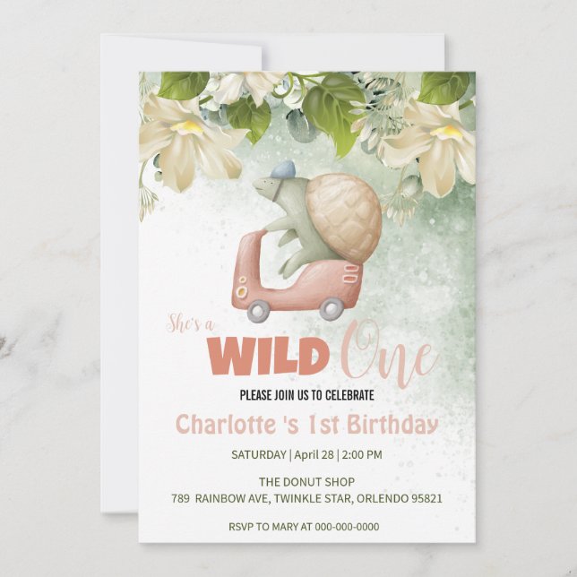 Cute Wild One turtle animal bicycle 1st Birthday Invitation (Front)