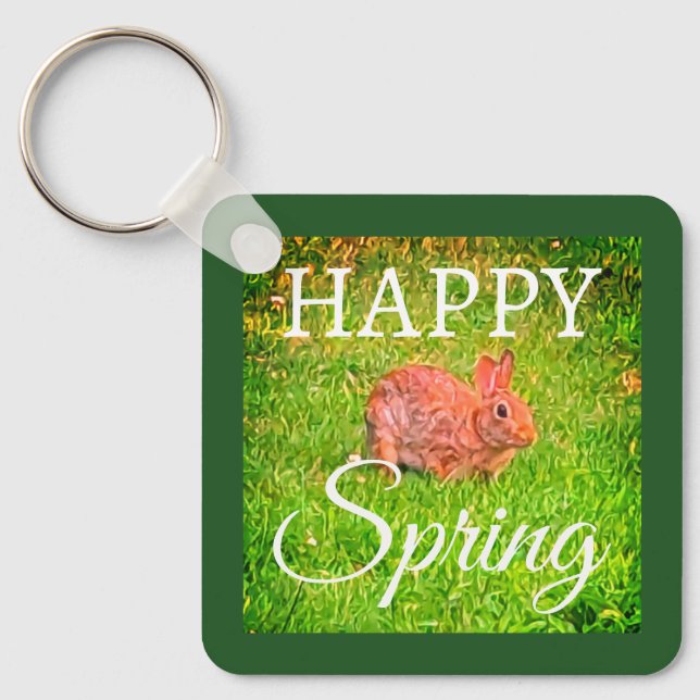 Cute Wild Rabbit Photo Dark Green Happy Spring Key Ring (Front)