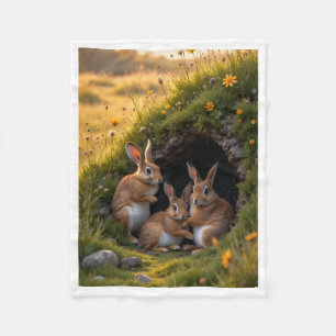 Cute Wild Rabbits near Burrow in Nature Fleece Bla Blanket