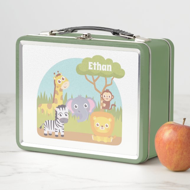 Cute Wild Safari Animals Kids Personalised Metal Lunch Box (In Situ)