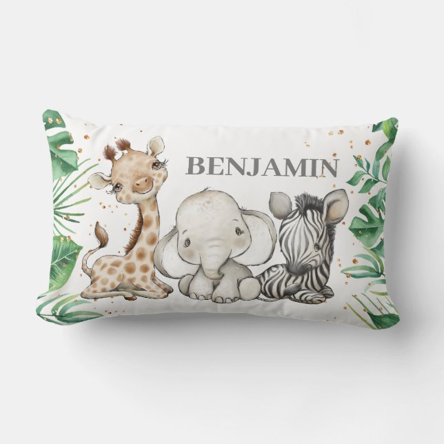 Cute Wild Safari Jungle Animals Greenery Lumbar Cushion (Front)